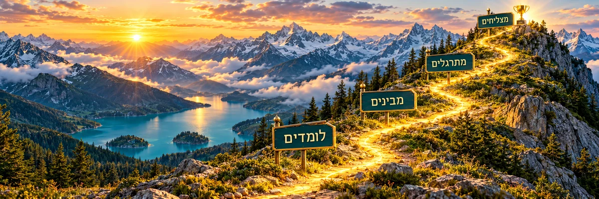 מסלול למידה על ההר עם שלטי לומדים, מבינים, מתרגלים ומצליחים